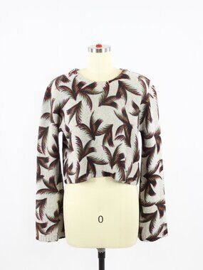 ALC Grey Leaf Print 100% Cashmere Knit Cropped Bell Sleeve Sweater, Size S